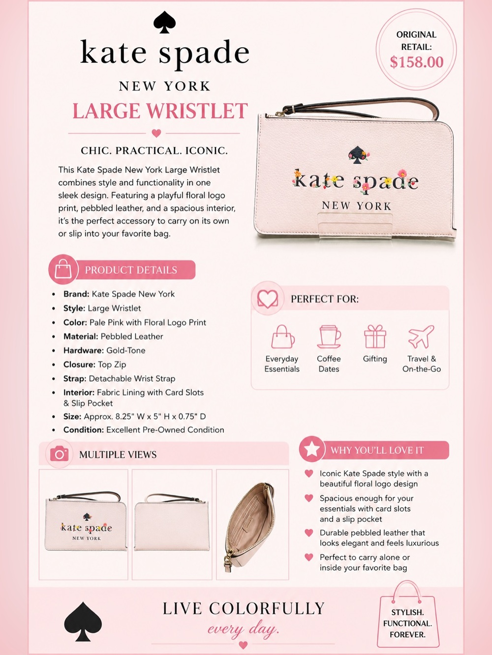 kate spade Pale Pink Floral Logo Large Wristlet with Gold Hardware